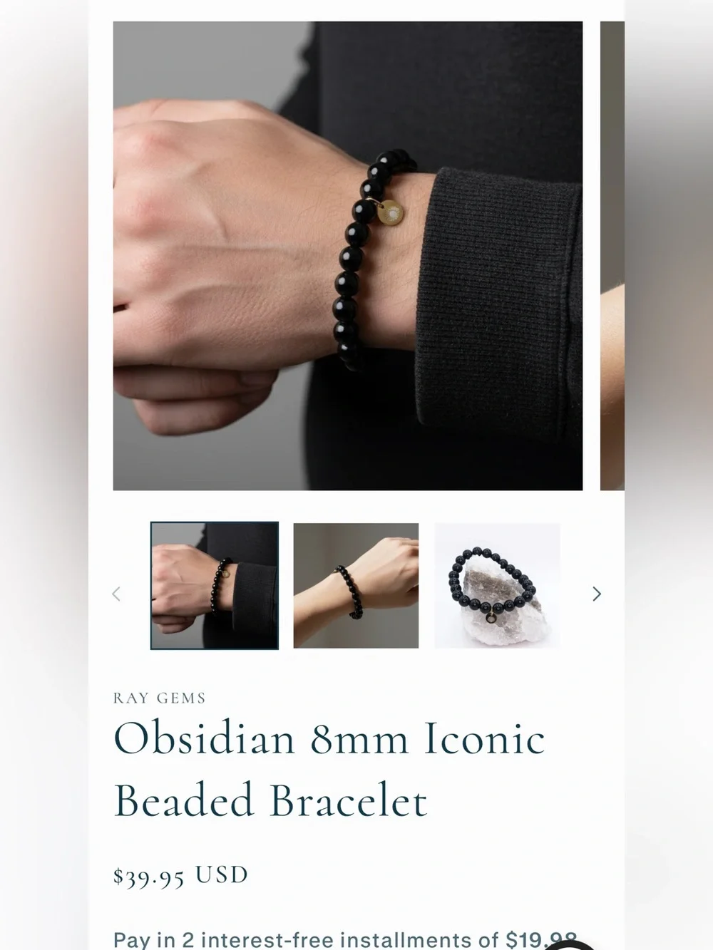 #2955**Black Beaded Stretch Bracelet - Men